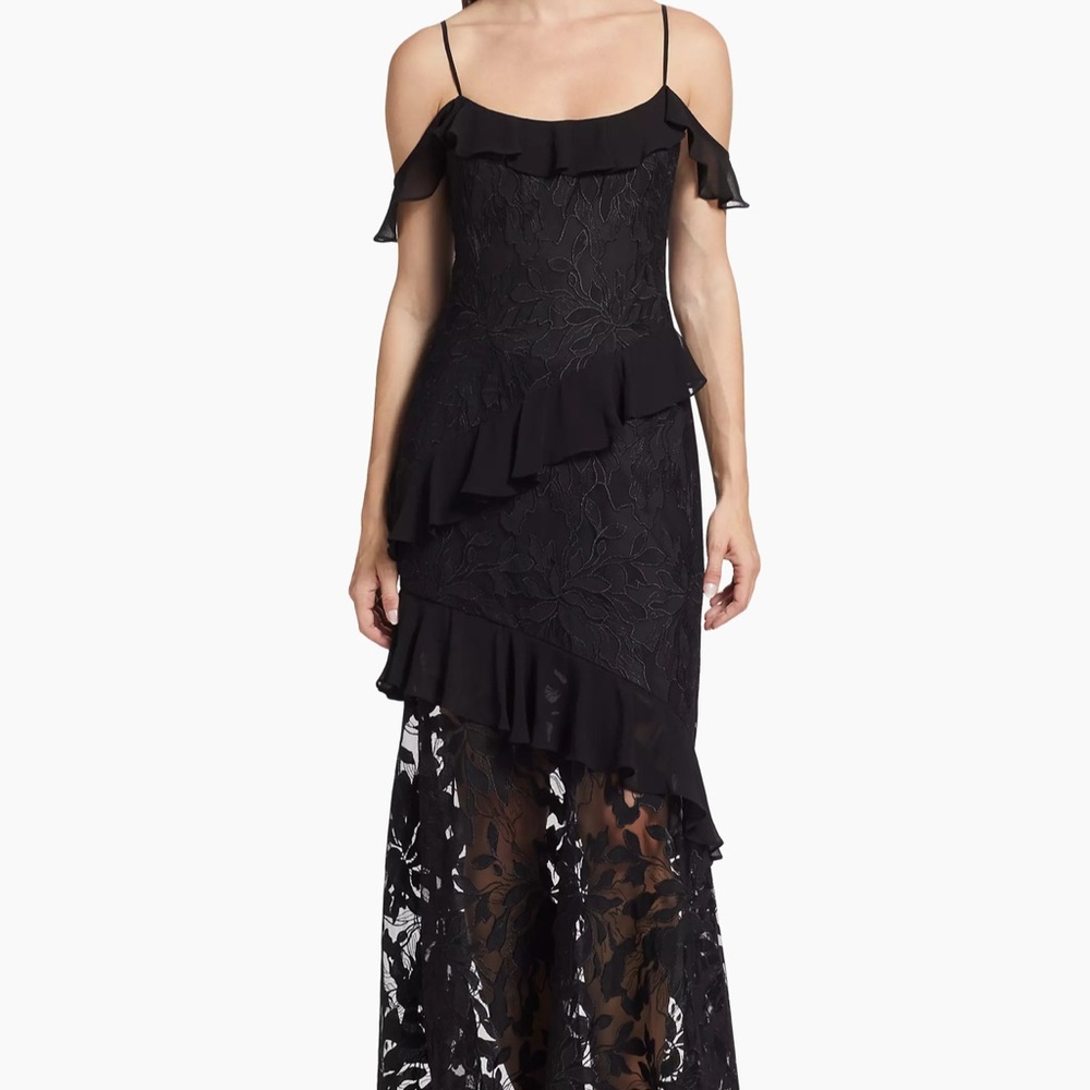 Monique Lhuillier Black Asymmetrical Ruffled Cocktail Dress